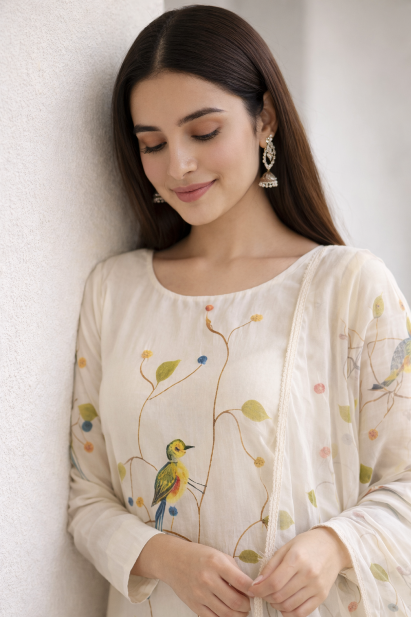 ivory rayon bird print kurta pant with dupatta