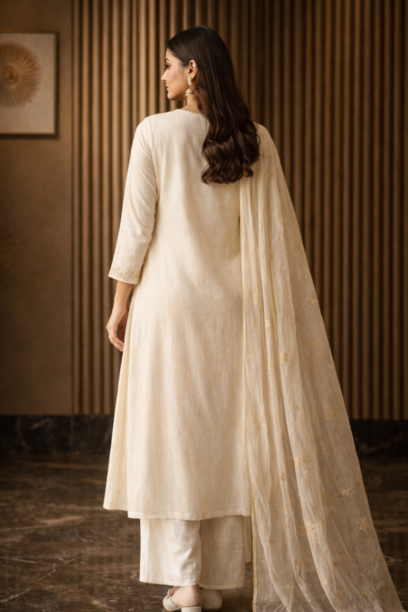 ivory embroidered cotton blend kurta pant with dupatta