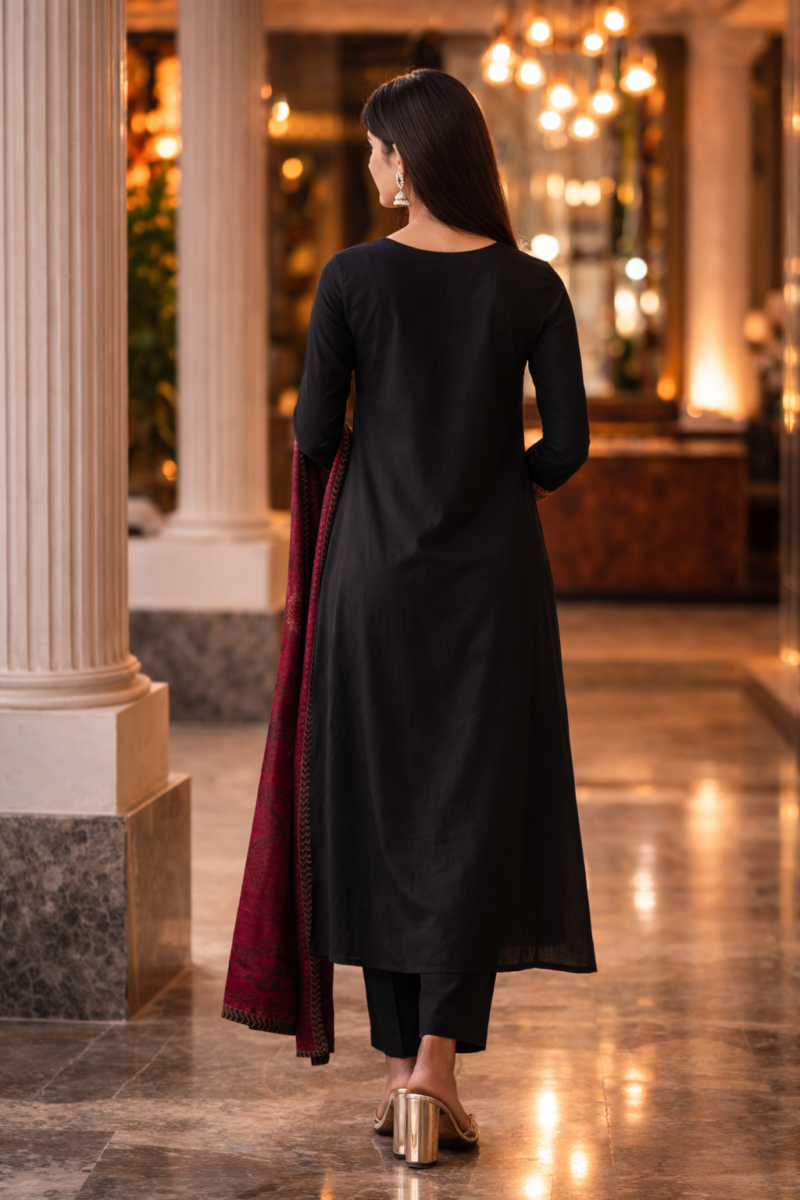 black cotton kurta pant with applique work pocket and kalamkari dupatta