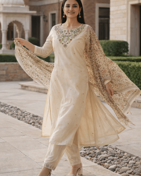 ivory embroidered cotton blend kurta pant with floral printed dupatta
