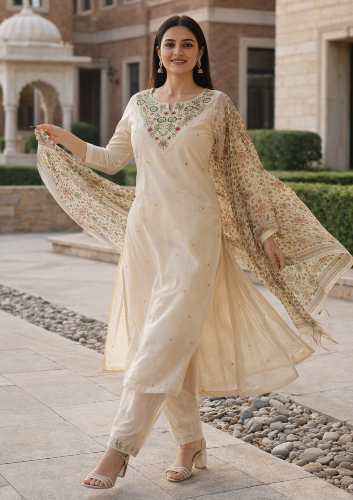 ivory embroidered cotton blend kurta pant with floral printed dupatta