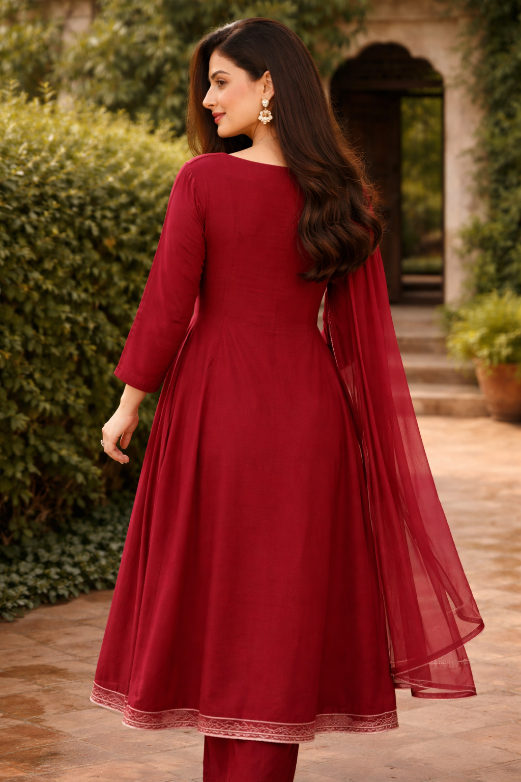 maroon cotton anarkali kurta pant with floral embroidery and dupatta