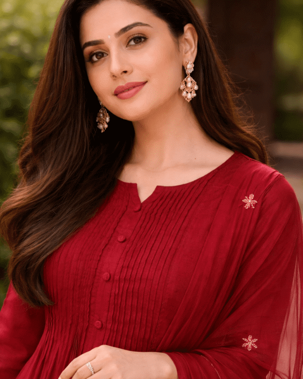 maroon cotton anarkali kurta pant with floral embroidery and dupatta