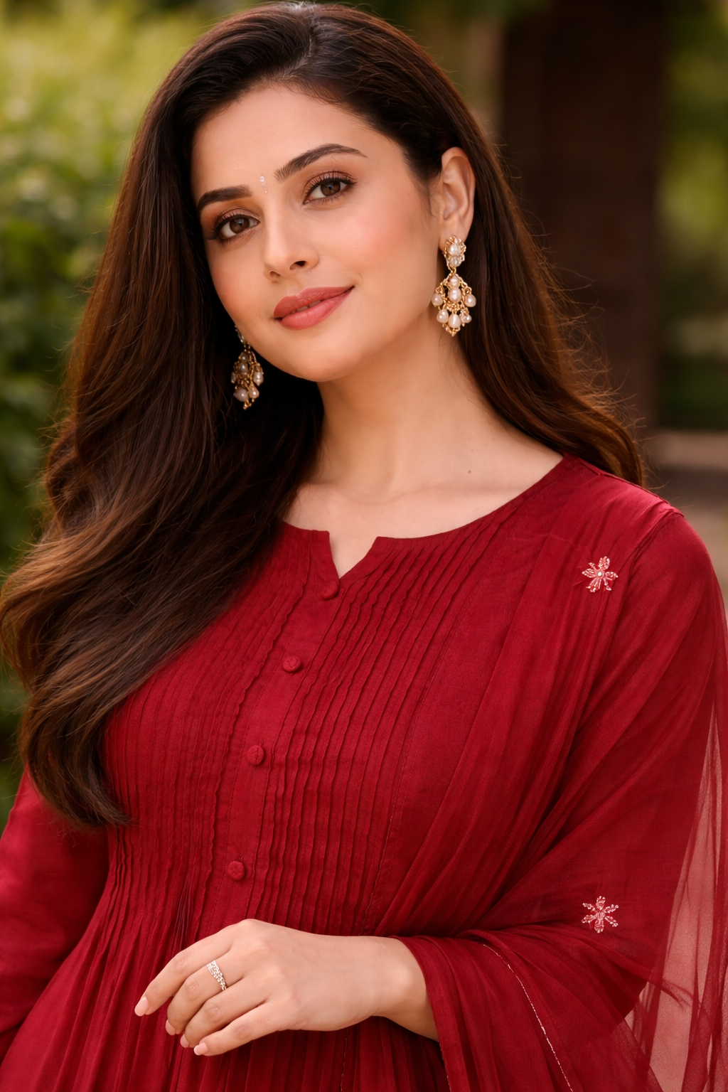 maroon cotton anarkali kurta pant with floral embroidery and dupatta