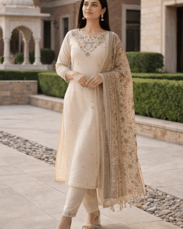 ivory embroidered cotton blend kurta pant with floral printed dupatta
