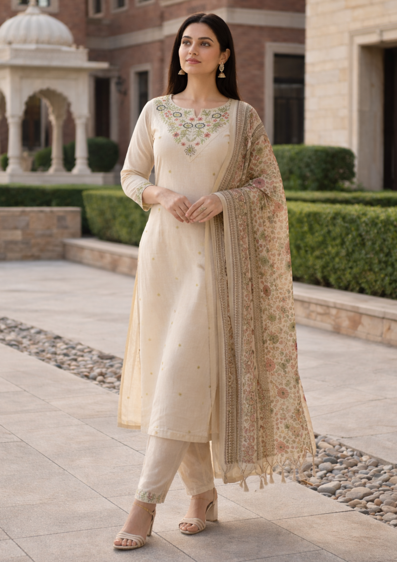 ivory embroidered cotton blend kurta pant with floral printed dupatta