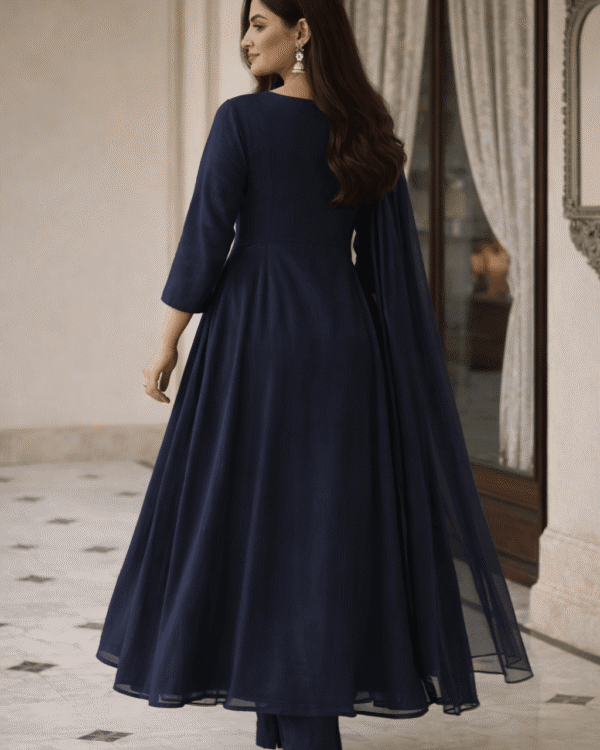navy blue cotton anarkali kurta pant with floral embroidery and dupatta