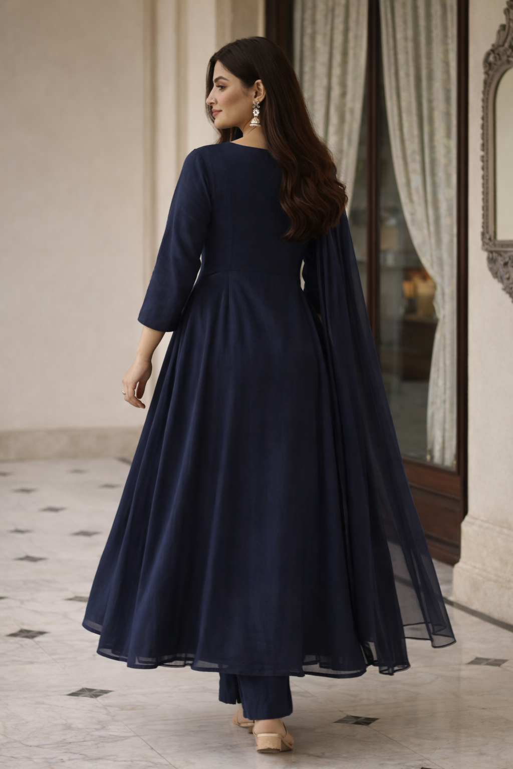 navy blue cotton anarkali kurta pant with floral embroidery and dupatta