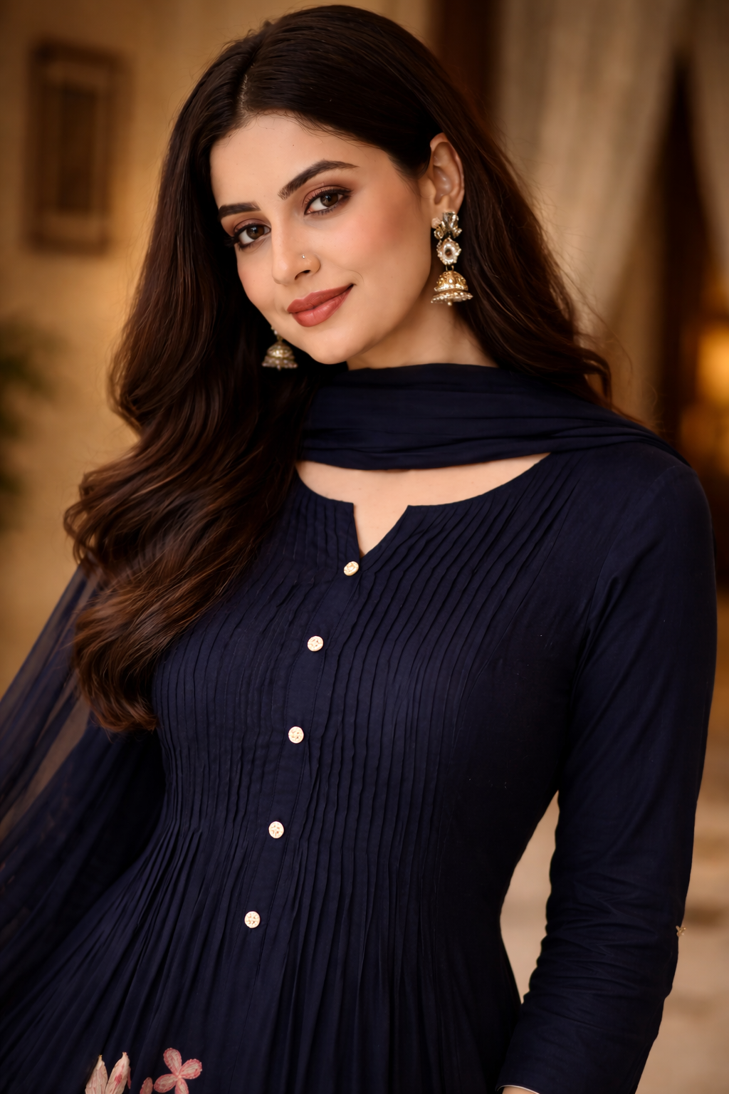 navy blue cotton anarkali kurta pant with floral embroidery and dupatta