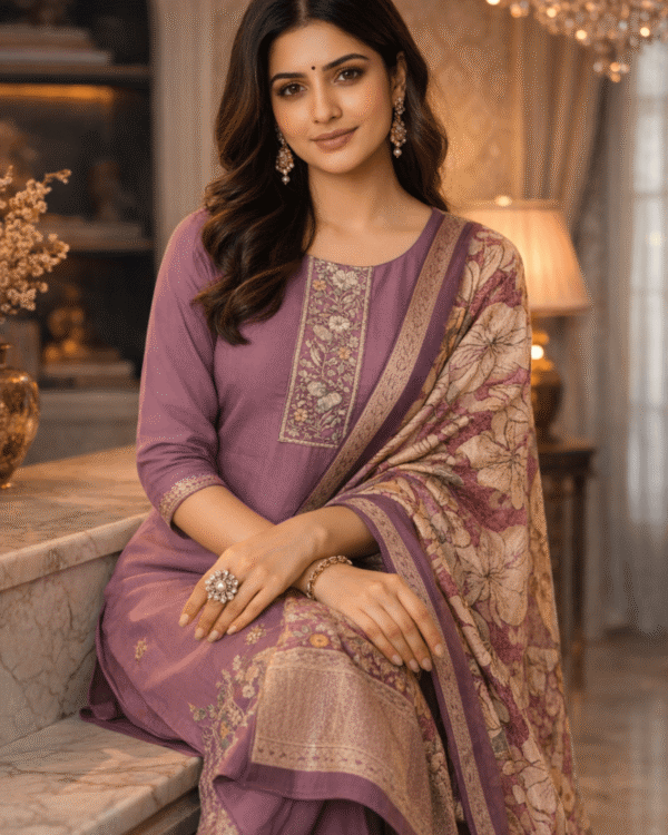 lavender cotton blend kurta pant with floral printed dupatta