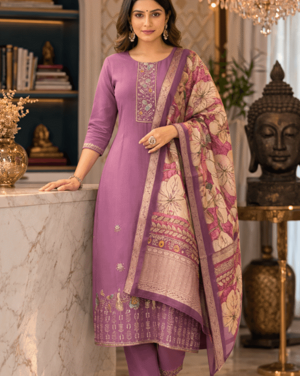 lavender cotton blend kurta pant with floral printed dupatta