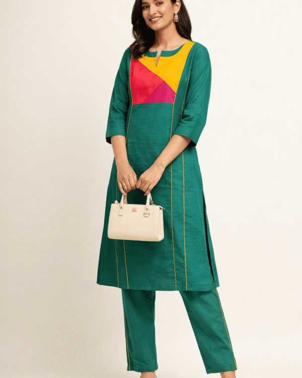 emerald green vibrant multicolour panel design linen kurta pant set
