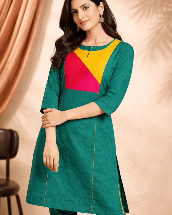 emerald green vibrant multicolour panel design linen kurta pant set
