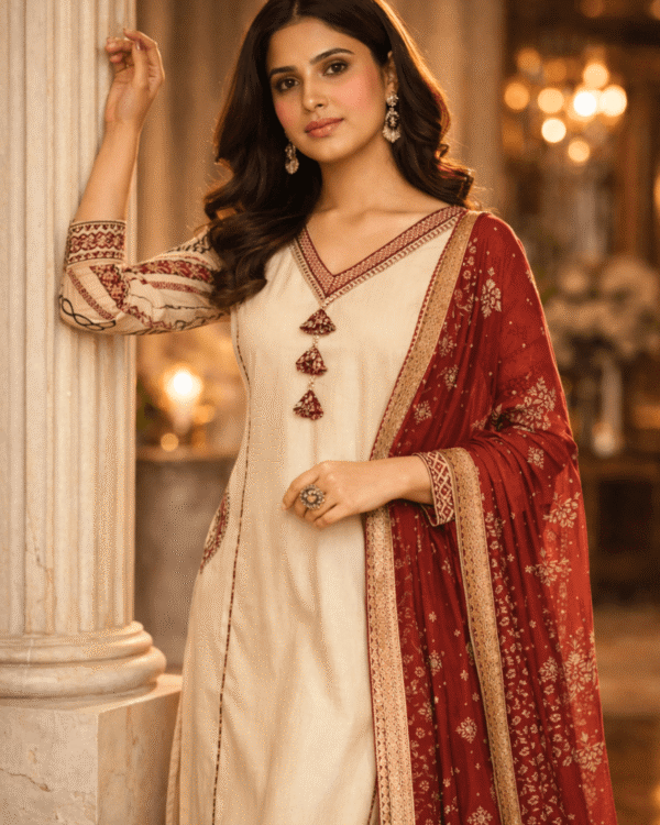 ivory white cotton kurta set featuring applique pocket with kalamkari dupatta