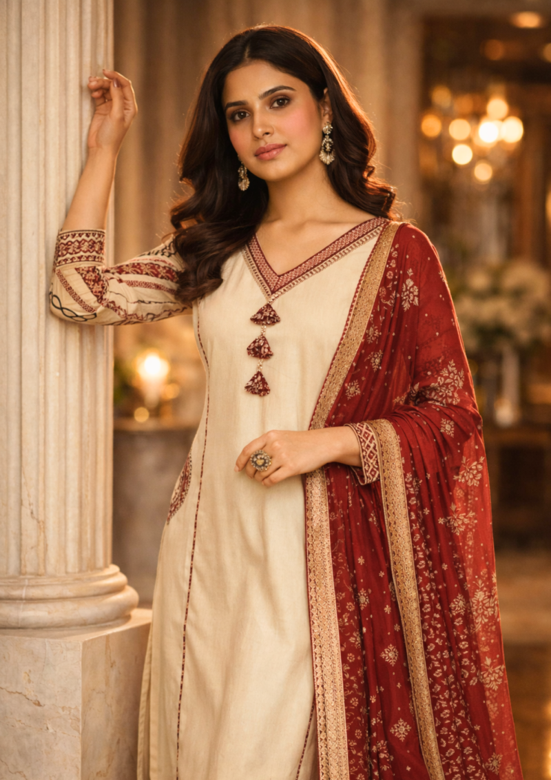 ivory white cotton kurta set featuring applique pocket with kalamkari dupatta