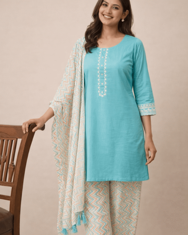 sea green cotton kurta set with printed dupatta