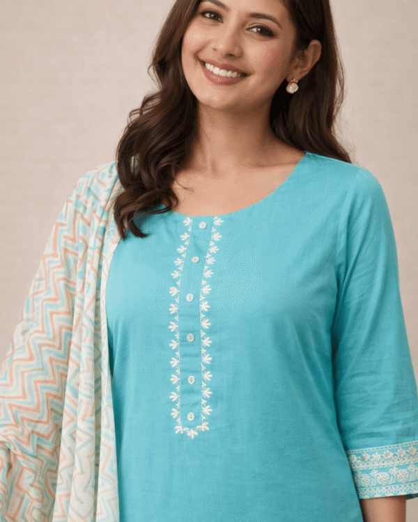sea green cotton kurta set with printed dupatta