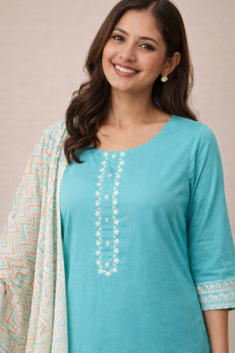 sea green cotton kurta set with printed dupatta