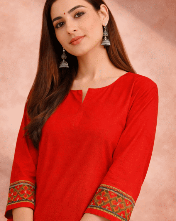 bright red embroidered border design linen kurta pant set