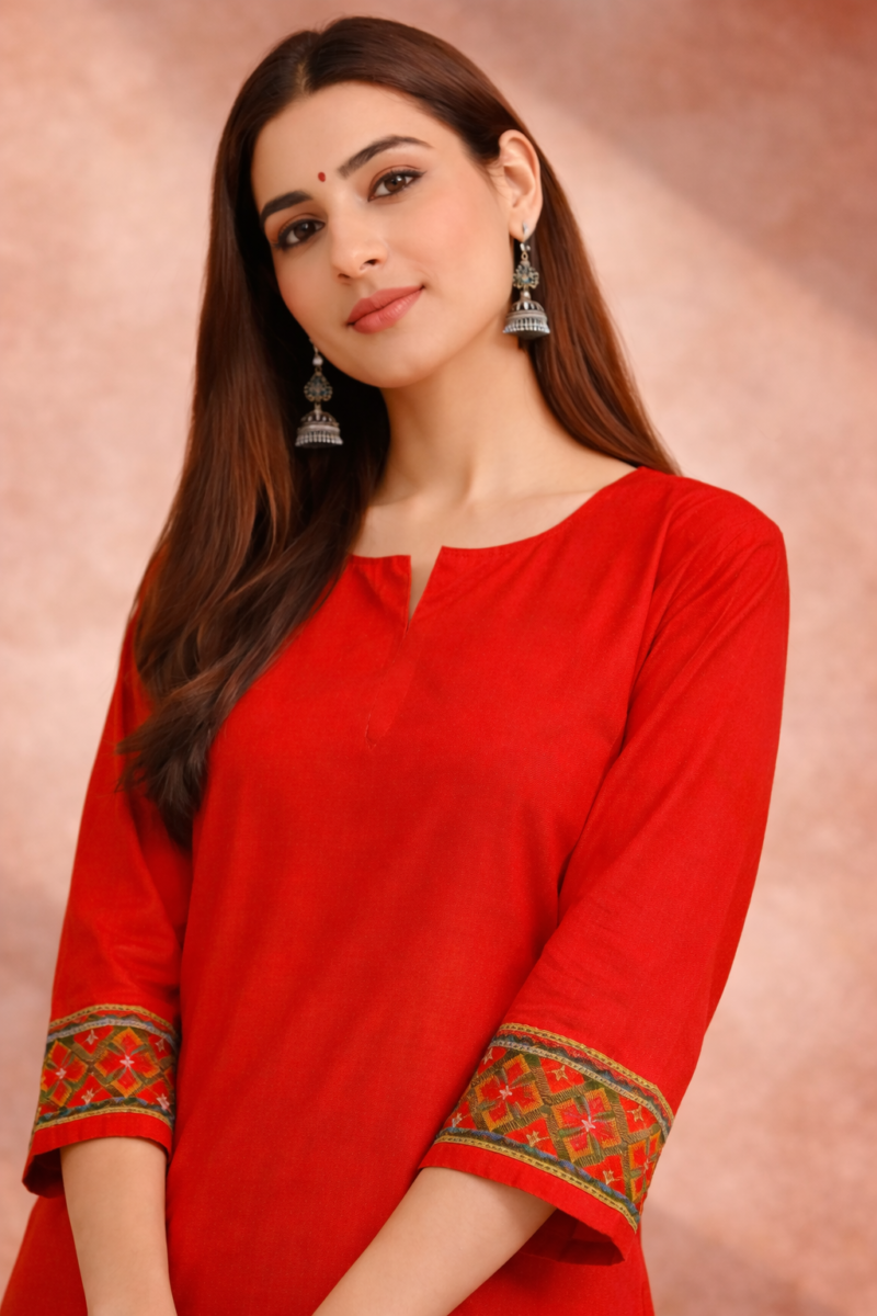 bright red embroidered border design linen kurta pant set
