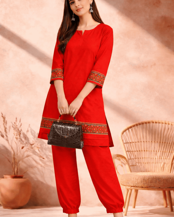 bright red embroidered border design linen kurta pant set