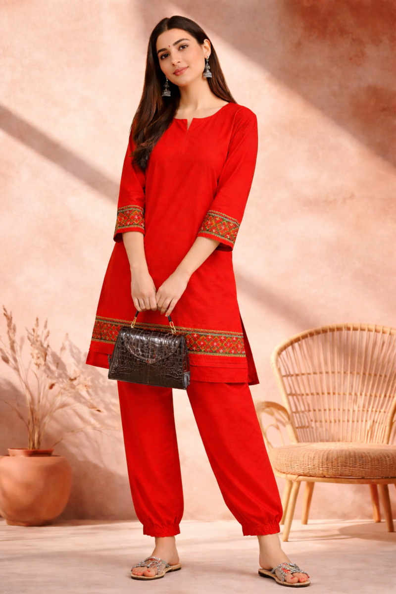 bright red embroidered border design linen kurta pant set