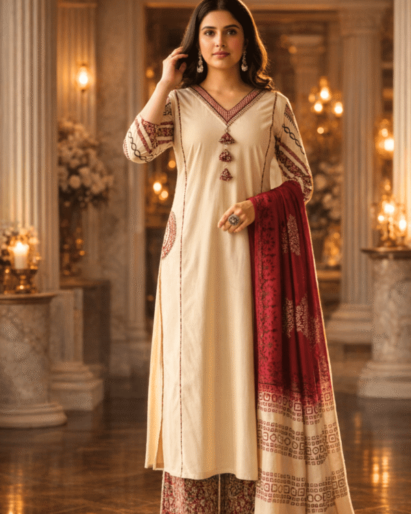 ivory white cotton kurta set featuring applique pocket with kalamkari dupatta