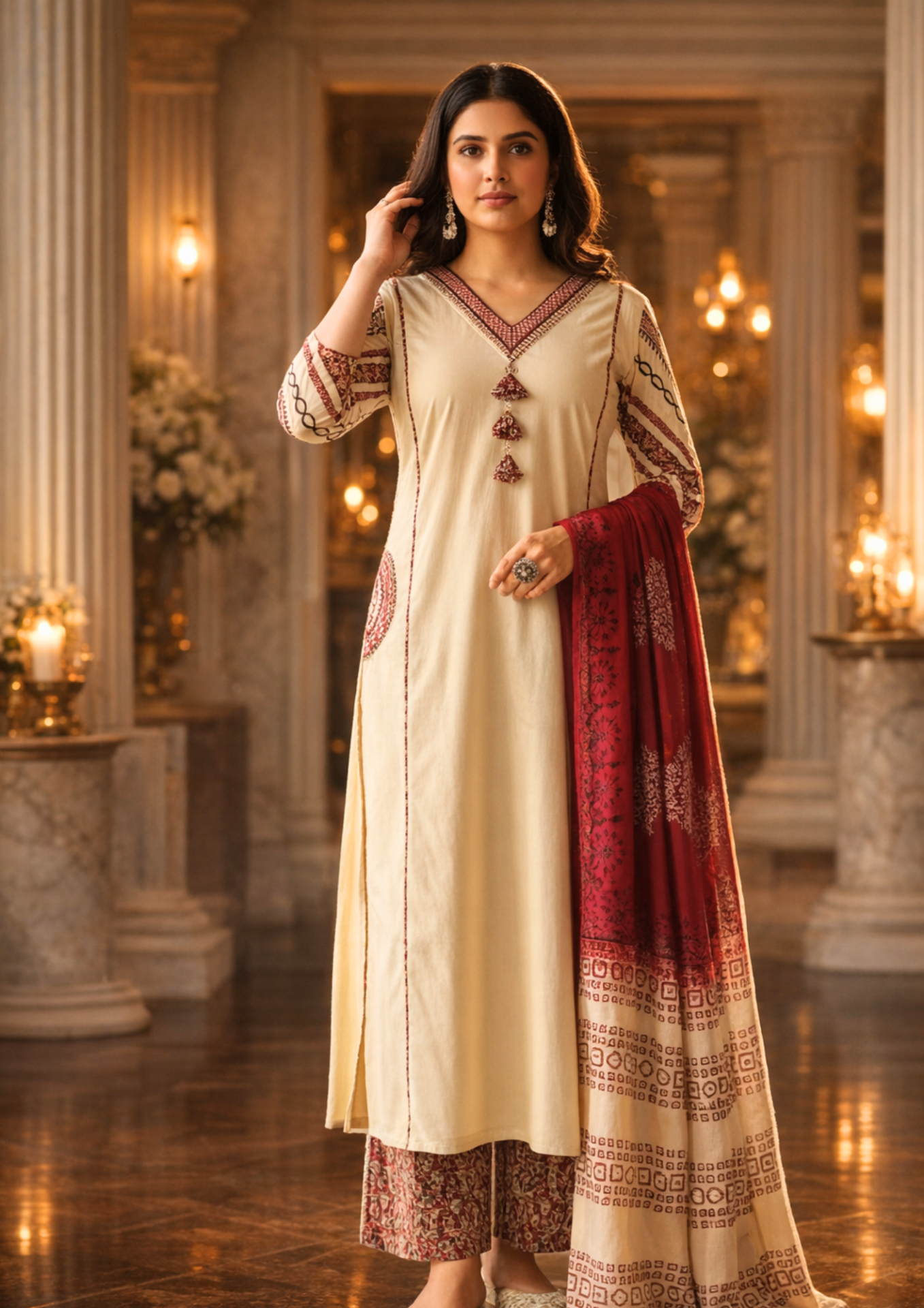 ivory white cotton kurta set featuring applique pocket with kalamkari dupatta