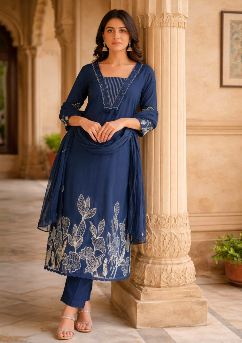 navy blue cotton blend kurta pant with dupatta