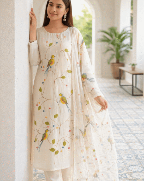 ivory rayon bird print kurta pant with dupatta