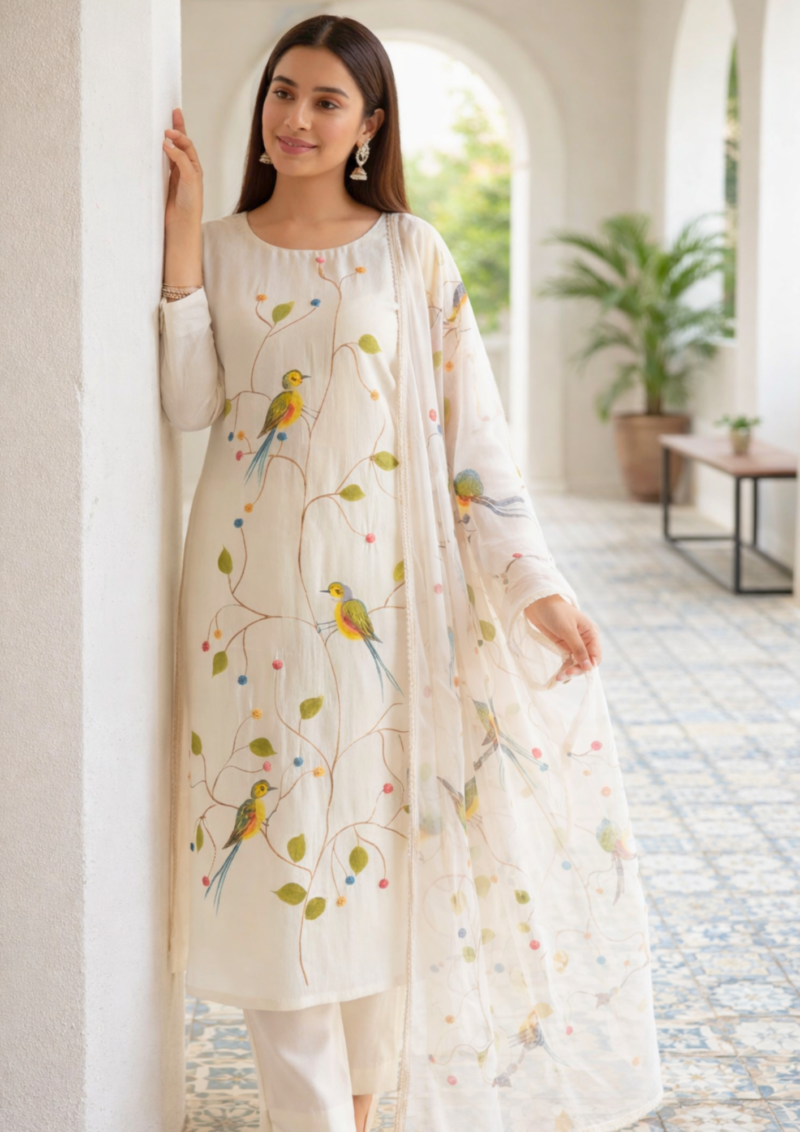 ivory rayon bird print kurta pant with dupatta