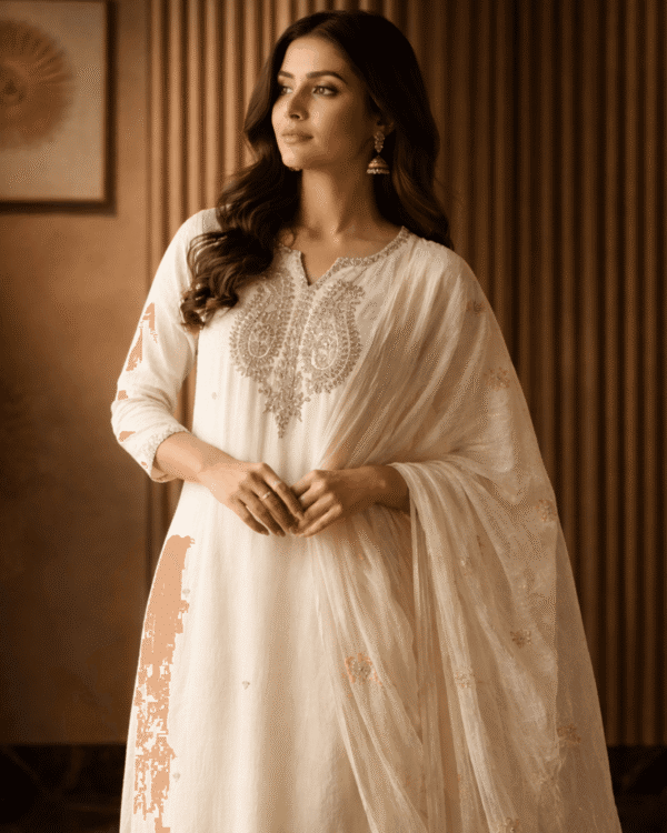 ivory embroidered cotton blend kurta pant with dupatta
