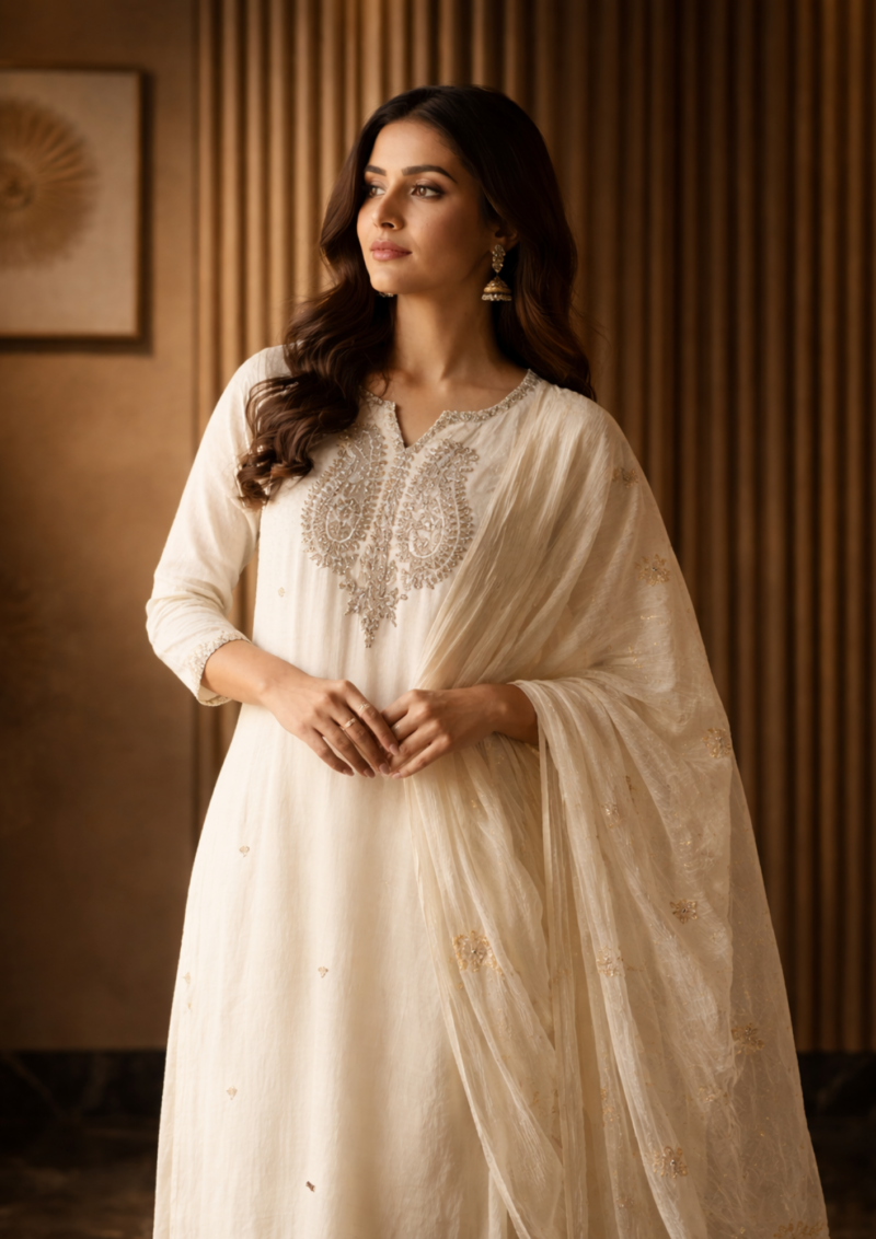 ivory embroidered cotton blend kurta pant with dupatta