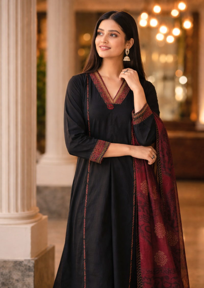 black cotton kurta pant with applique work pocket and kalamkari dupatta