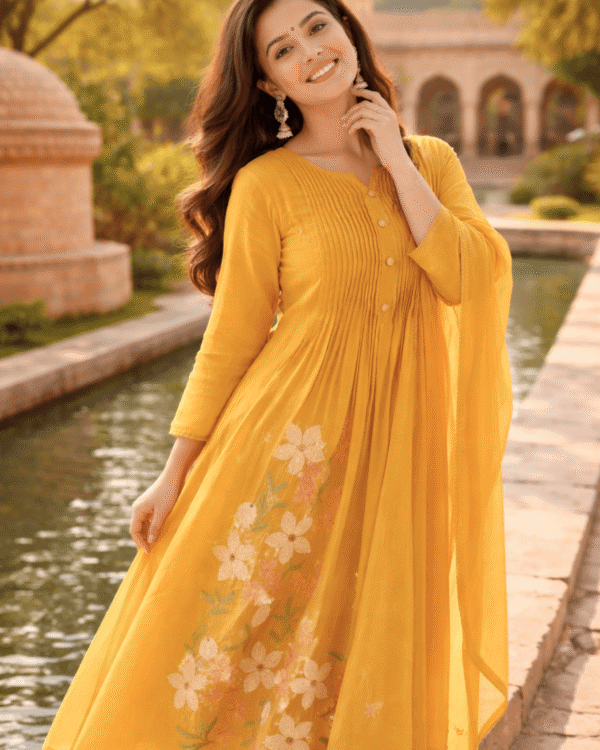 mustard cotton anarkali kurta pant with floral embroidery and dupatta