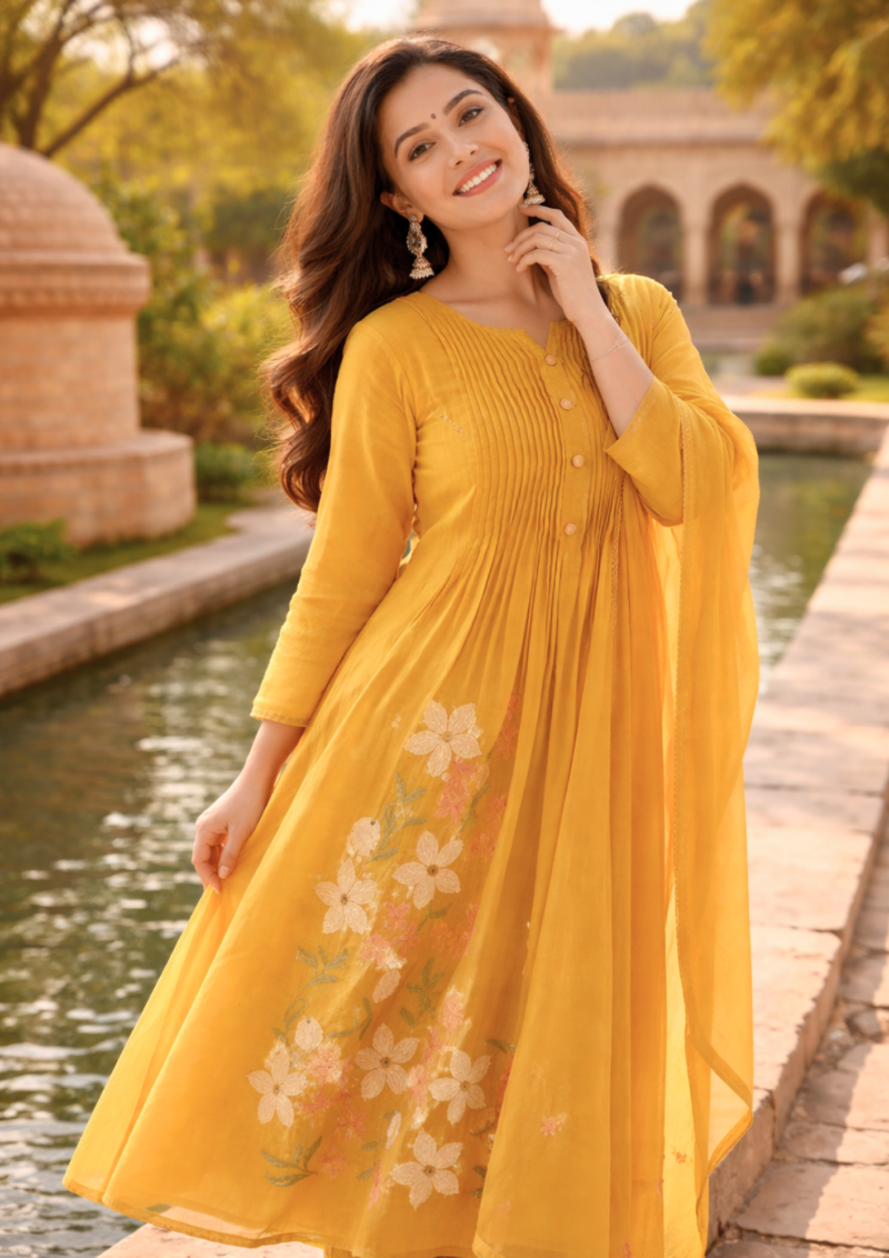 mustard cotton anarkali kurta pant with floral embroidery and dupatta