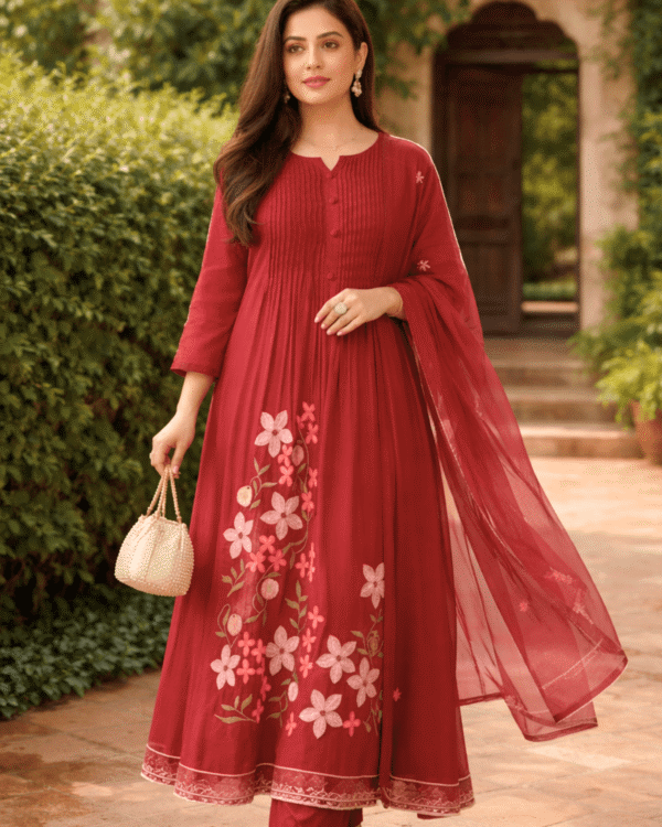 maroon cotton anarkali kurta pant with floral embroidery and dupatta