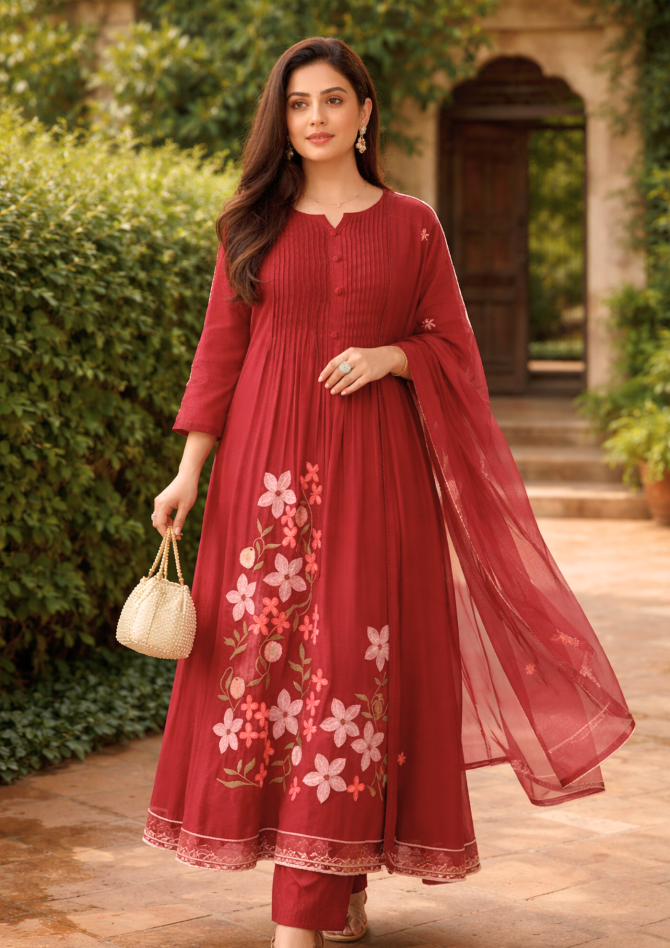 maroon cotton anarkali kurta pant with floral embroidery and dupatta