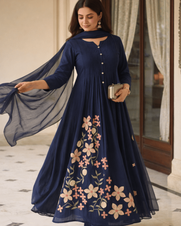 navy blue cotton anarkali kurta pant with floral embroidery and dupatta