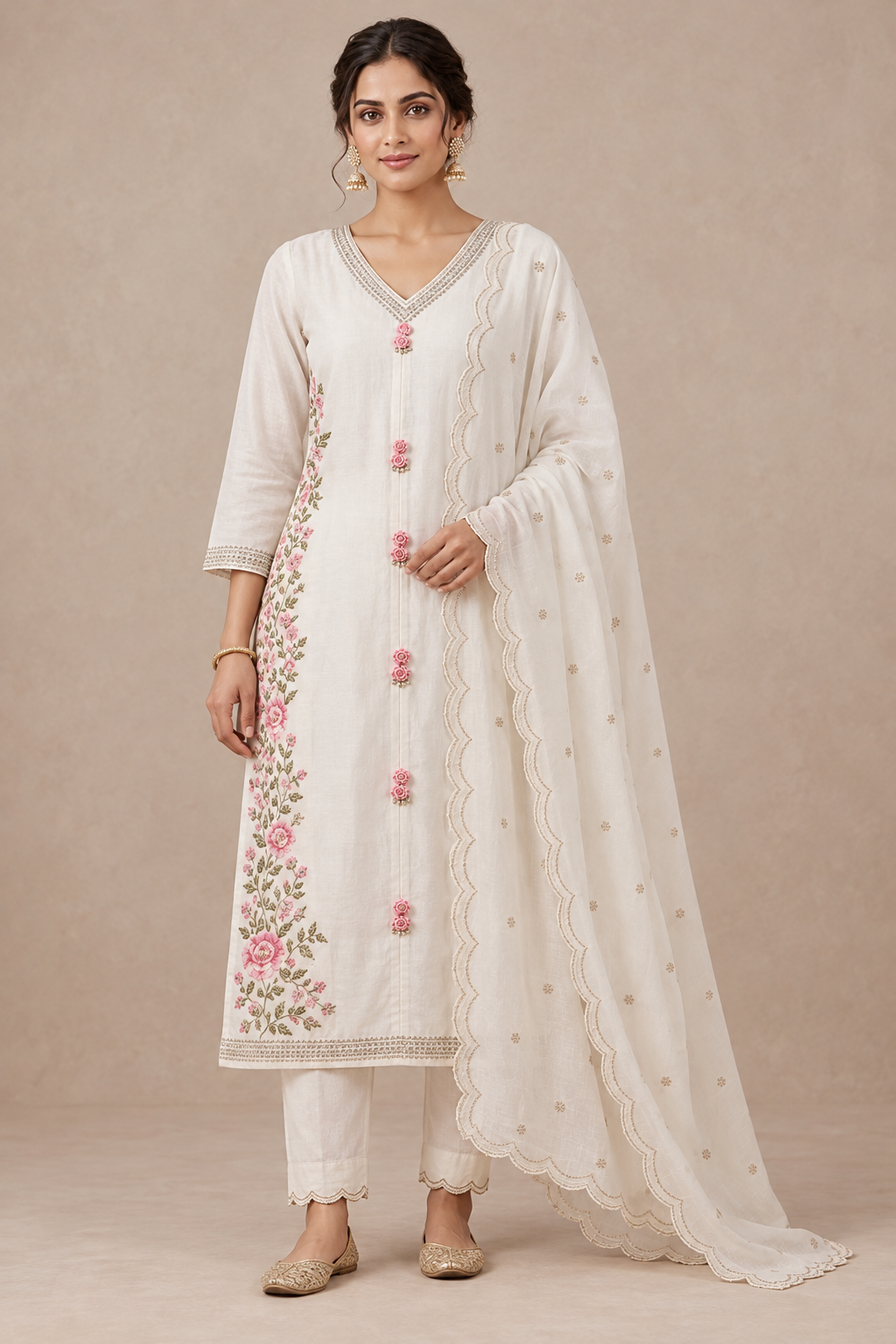 Ivory malmal blend kurta pant set with embroidered chiffon dupatta - Image 5