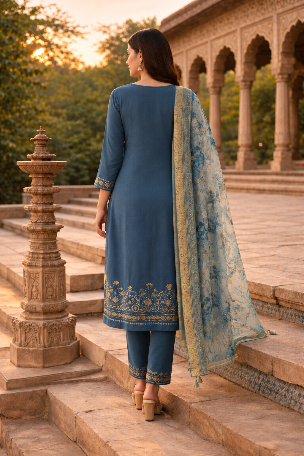 Dark Blue Cotton Blend Kurta Pant With Floral Printed Dupatta - Image 2