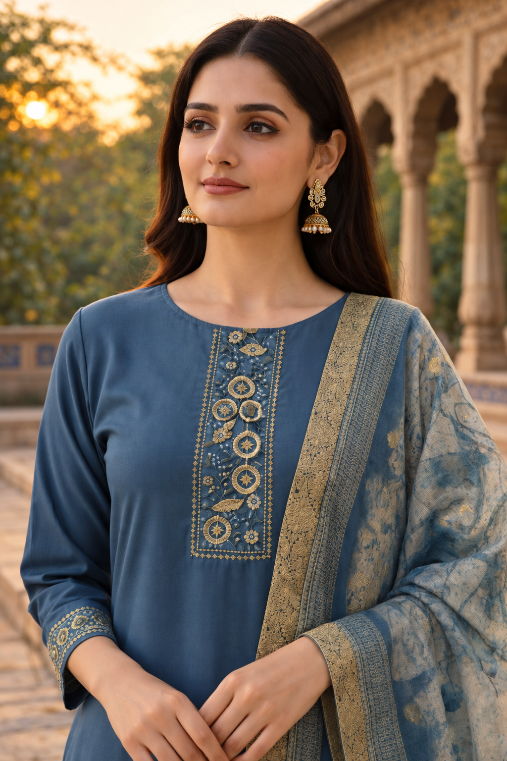 Dark Blue Cotton Blend Kurta Pant With Floral Printed Dupatta - Image 3