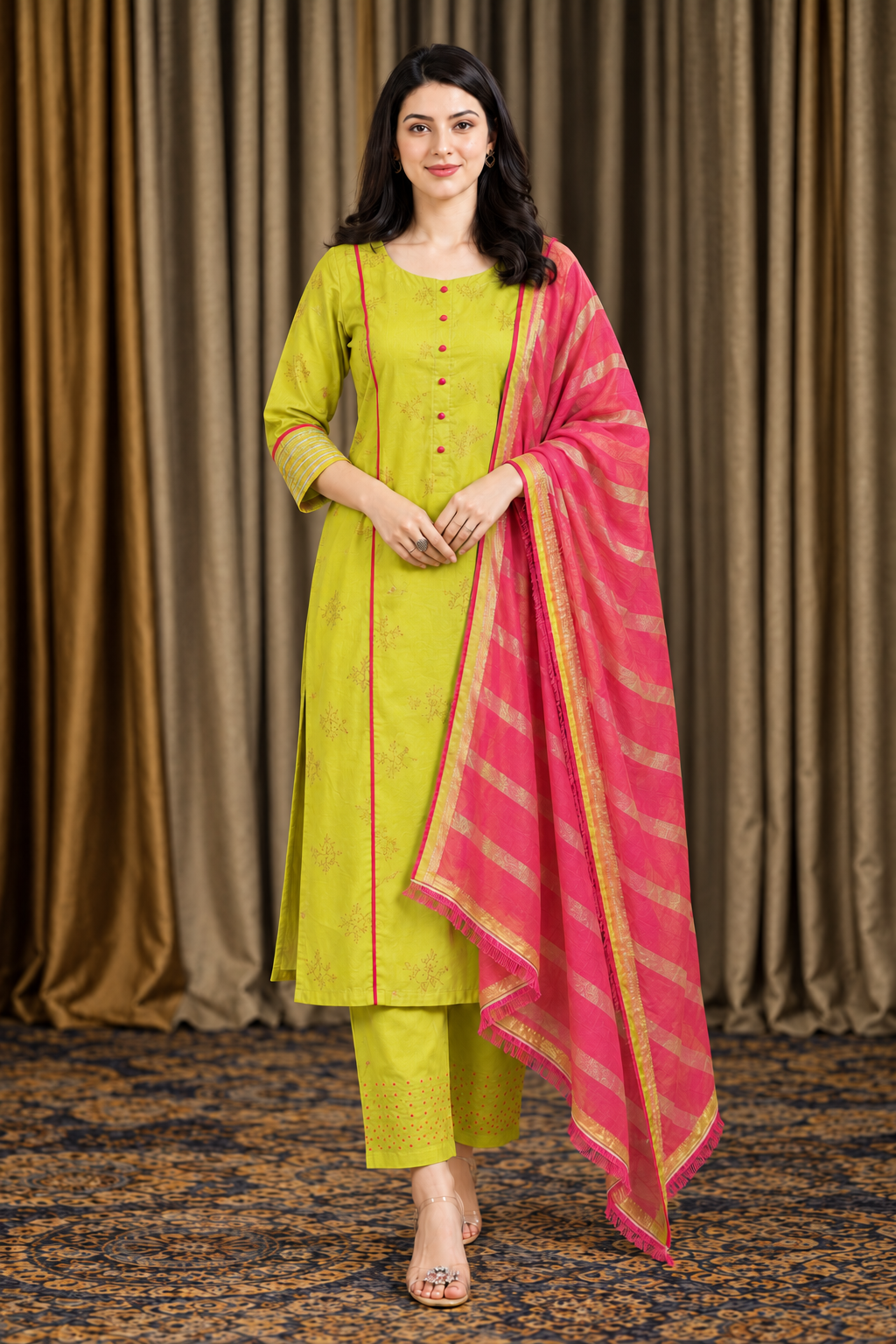 Lime green cotton embroidered kurta pant set with pink dupatta - Image 2