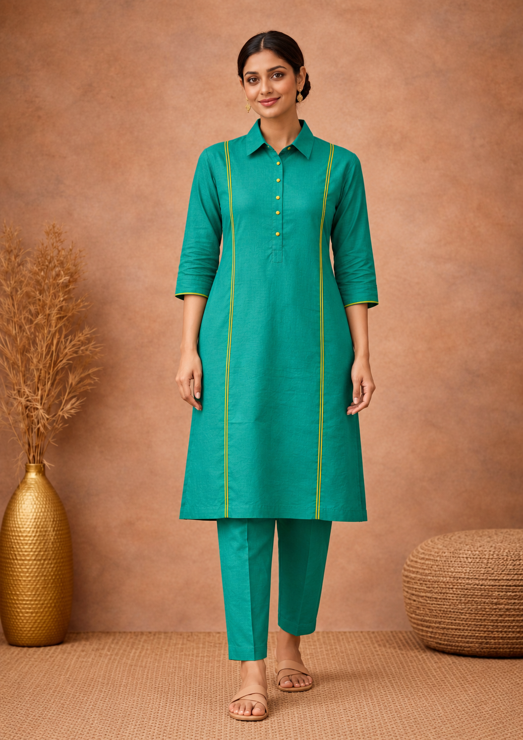 Teal linen with lime piping shirt collar kurta pant set - Image 4