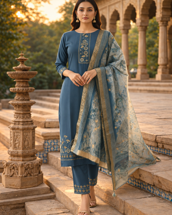 Dark Blue Cotton Blend Kurta Pant With Floral Printed Dupatta