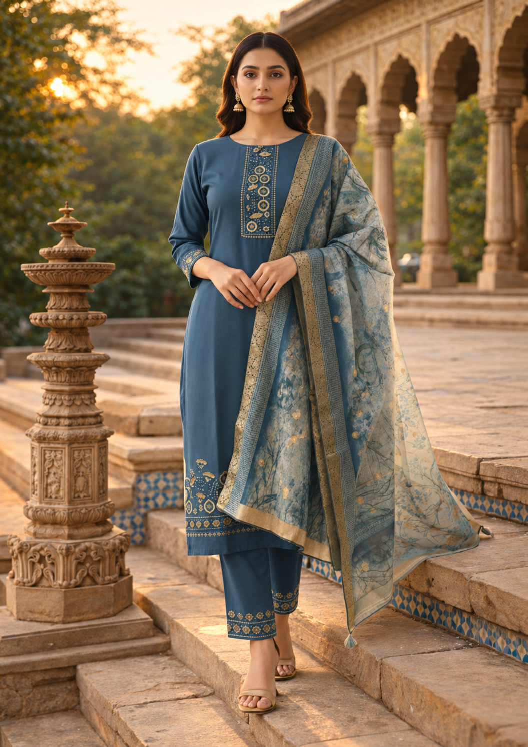 Dark Blue Cotton Blend Kurta Pant With Floral Printed Dupatta