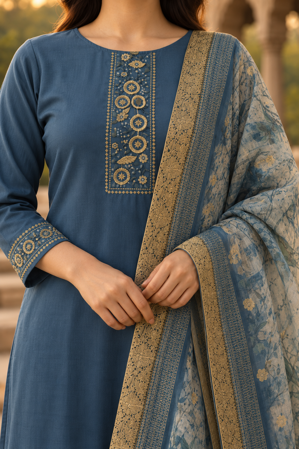 Dark Blue Cotton Blend Kurta Pant With Floral Printed Dupatta - Image 4