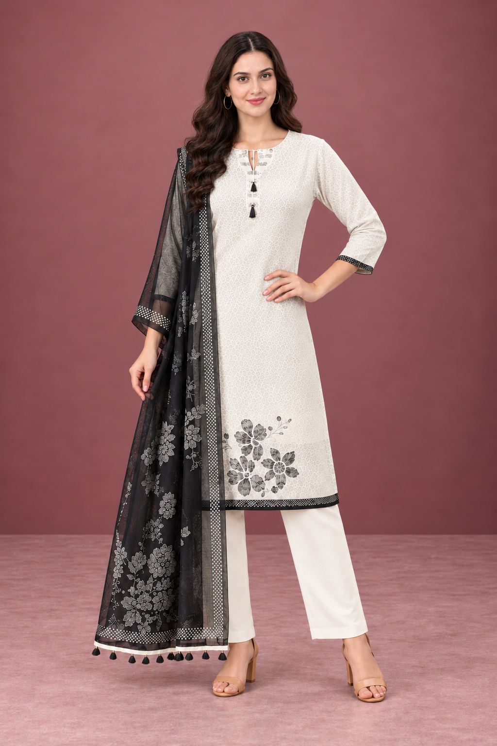 Unstitched sage grey cotton floral printed suit set with charcoal black dupatta - Image 4