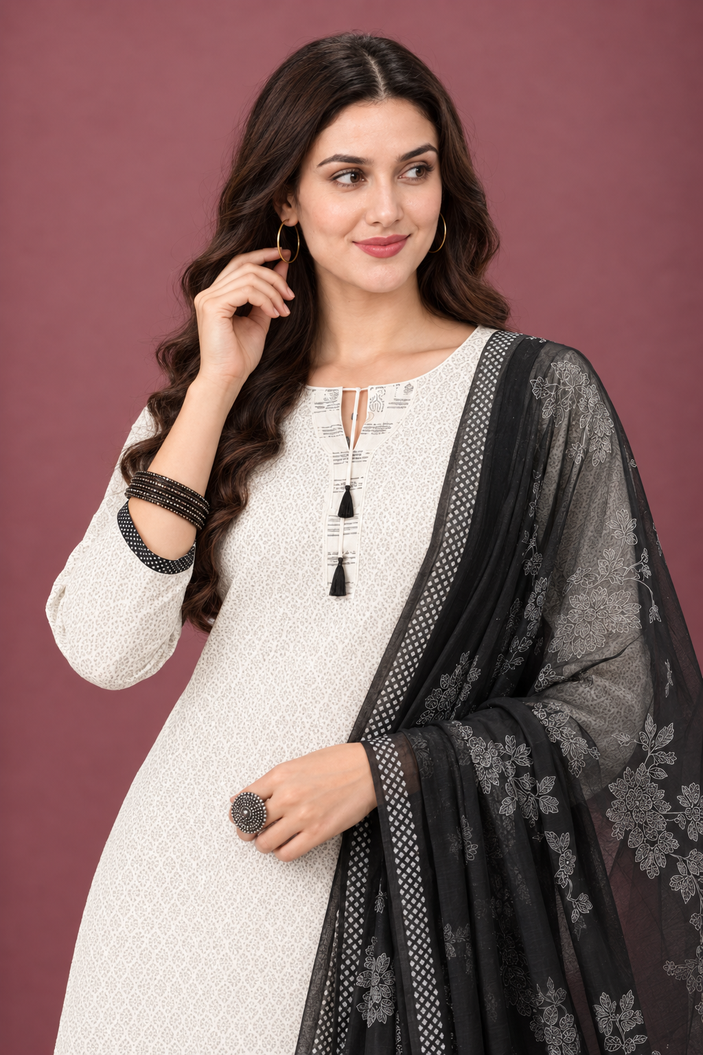 Unstitched sage grey cotton floral printed suit set with charcoal black dupatta - Image 5