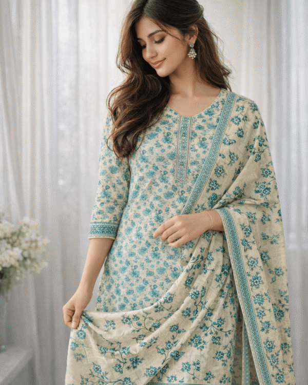 beige cotton teal floral printed kurta pant set with dupatta